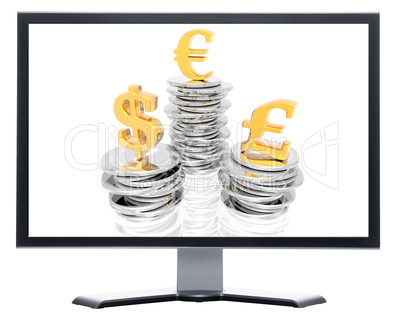 monitor with coins isolated on white