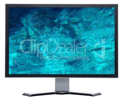 monitor with blue water with reflection