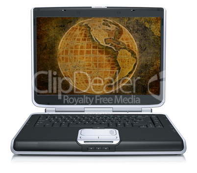 retro model of the geographical world map on laptop screen