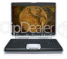 retro model of the geographical world map on laptop screen