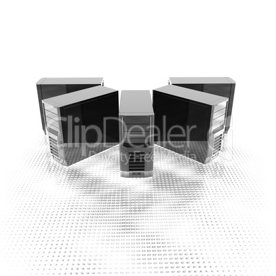 3d computer servers in a row isolated on a white