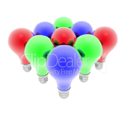Red, blue and green lightbulbs isolated on a white