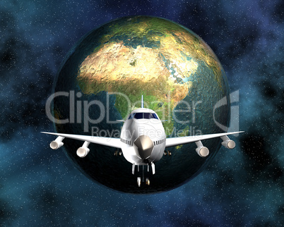 airliner with a globe in the background