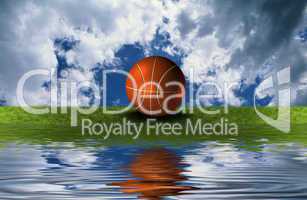 basket ball on the green grass with sky background