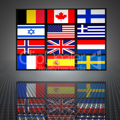 video wall with flags on the screens
