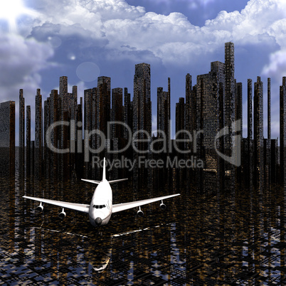 airliner with a city