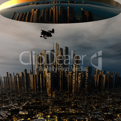 3d alien UFO space ship above night city