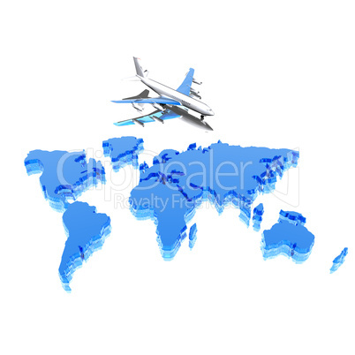 colorful geographical world map with airplane