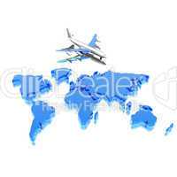 colorful geographical world map with airplane