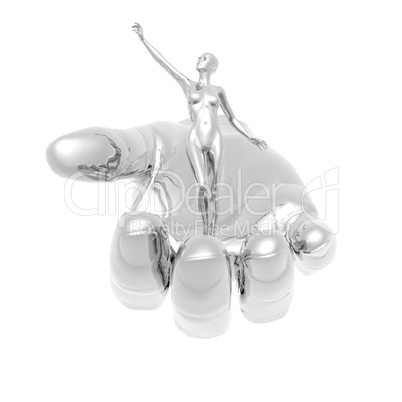 3D girl on metal hand isolated on a white