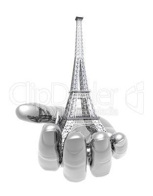 Eiffel Tower in Paris on the hand isolated on a white