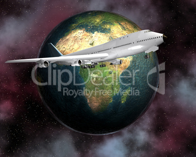 airliner with a globe in the background