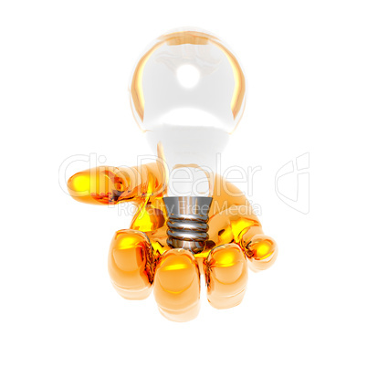 lamp on the golden hand isolated on a white