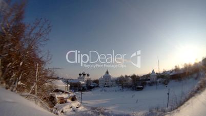 Fish eye view on Christian monastery in winter sunny day