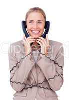Charming businesswoman tangled up in phone wires