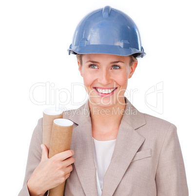 Close-up of a female architect wearing a hardhat