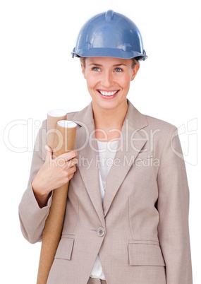 Confident female architect holding blueprints