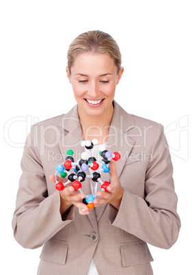 Confident businesswoman looking at a molecule