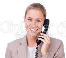 Close-up of a positive blond businesswoman on phone