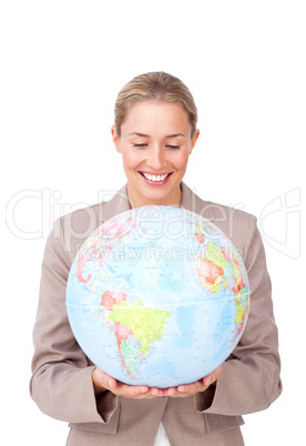 Visionary businesswoman smiling at global business expansion