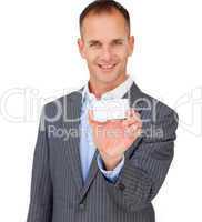 Charming businessman showing a white card
