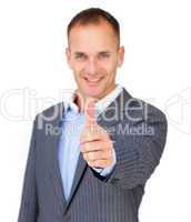 Positive businessman with thumb up