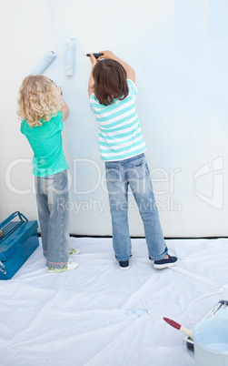 Siblings painting a wall