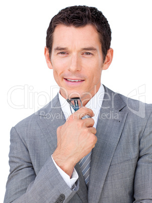 businessman holding glasses