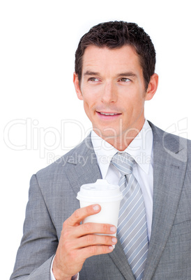 businessman holding a drinking cup