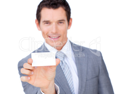 businessman showing a white card