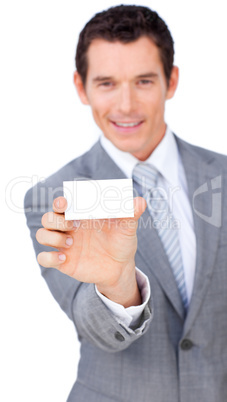 businessman showing a white card