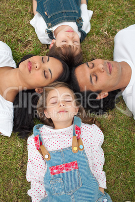 Merry family sleeping lying on the grass