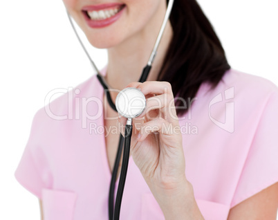 Close-up of a nurse showing a stethoscope