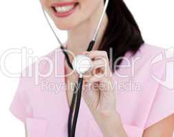 Close-up of a nurse showing a stethoscope