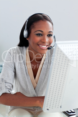 Self-assured customer service representative with headset on