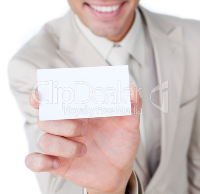 businessman holding a white card