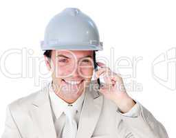 Close-up of a smiling male architect on phone