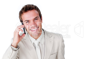 Close-up of a charming businessman using a mobile phone