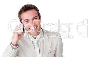 Close-up of a charming businessman using a mobile phone