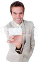 businessman holding a white card