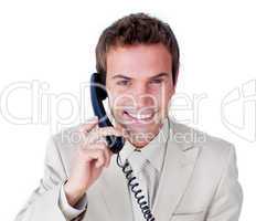 Close-up of a caucasian businessman talking on phone