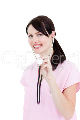 female doctor showing a stethoscope