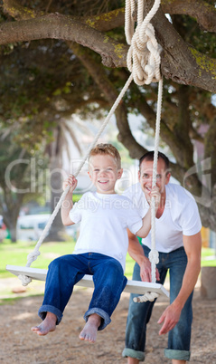 Jolly father pushing his son on a swing