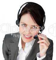 Close-up of a businesswoman talking on a headset