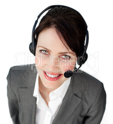 Close-up of a customer service agent using a headset
