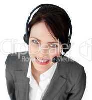 Close-up of a customer service agent using a headset