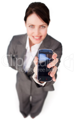 Elegant businesswoman showing a mobile phone