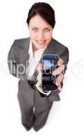 Elegant businesswoman showing a mobile phone