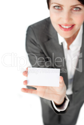 Charismatic businesswoman showing a white card