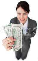 Charismatic businesswoman showing bank notes